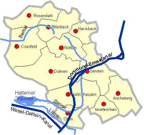 Übersichtskarte mit den Wasserstraßen im Kreis Coesfeld