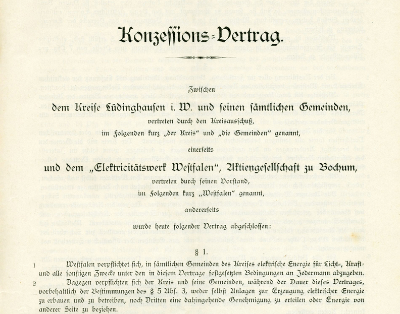 Entwurf eines Konzessionsvertrags zwischen dem Kreis Lüdinghausen und seinen Gemeinden einerseits und dem Elektrizitätswerk Westfalen andererseits, 1911