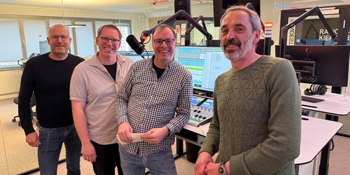 Die Podcast-Beteiligten (von links): Sebastian Schürmann, Daniel Krawinkel, Philipp Böckmann und Gotthard Walter im Studio