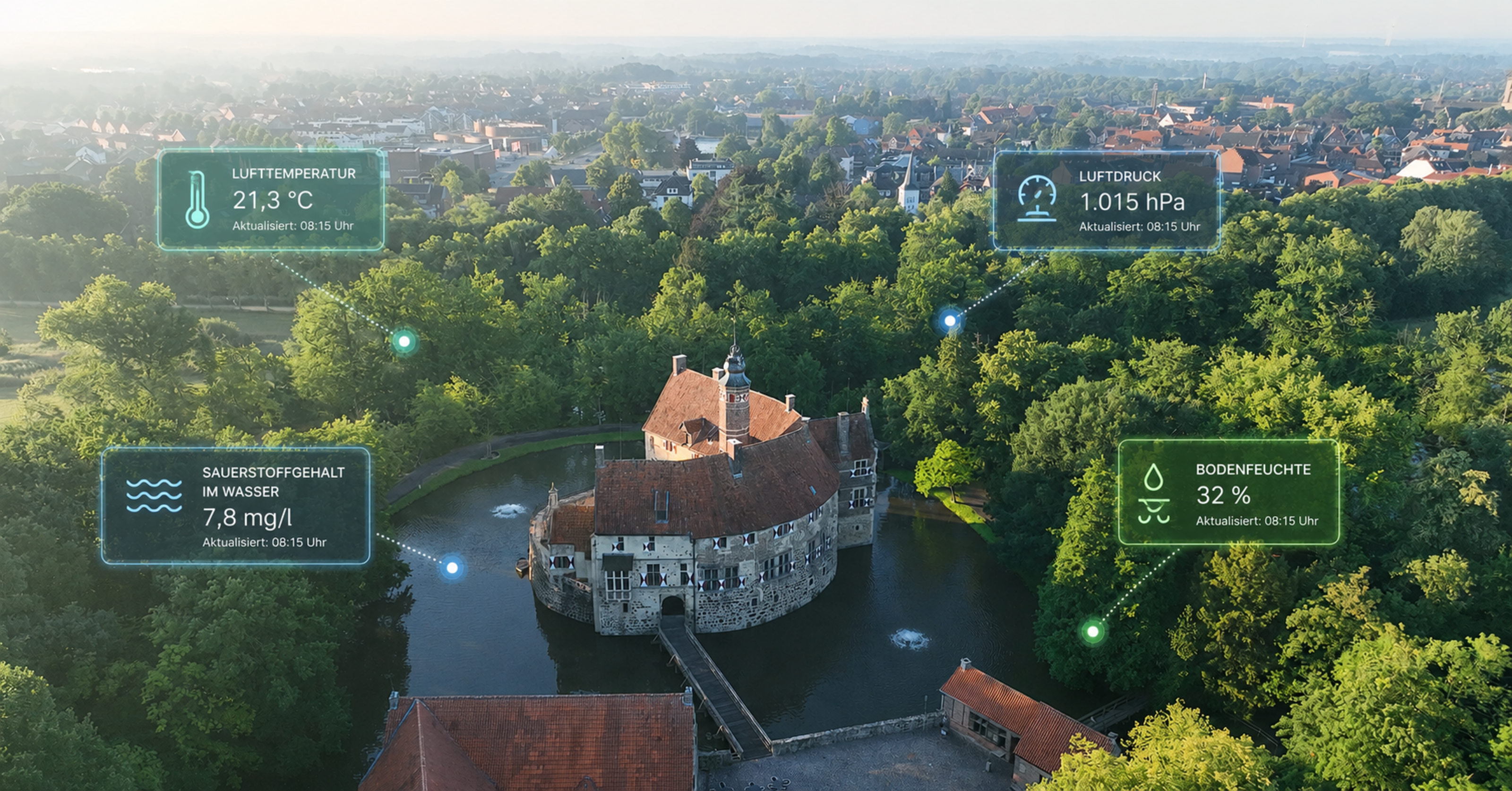 Luftaufnahme der Burg Vischering. Grafisch eingeblendete Messwerte zu Lufttemperatur, Luftdruck, Sauerstoffgehalt im Wasser und Bodenfeuchtigkeit zeigen beispielhaft, wie Sensordaten in einer Smart Region genutzt werden können.
