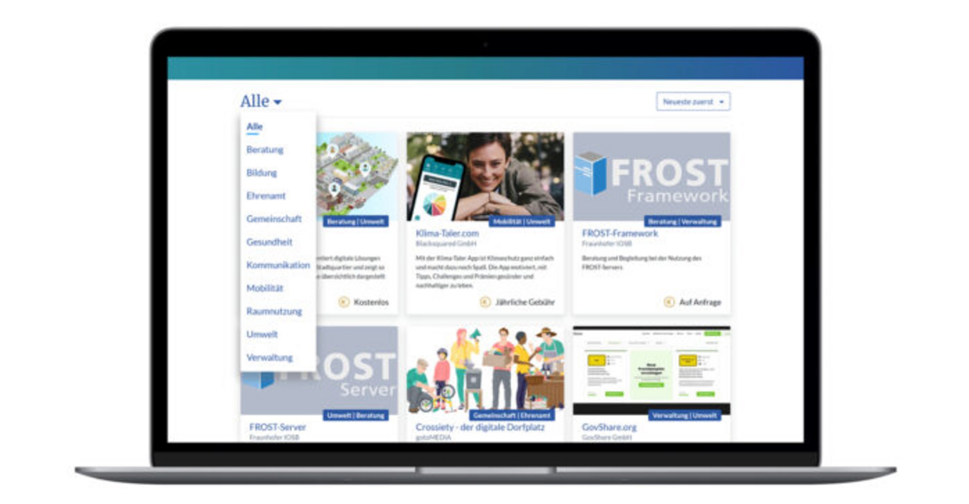 Symbolhaft dargestellter Laptop, auf dem die Seite deutschlanddigital.org geöffnet ist. 