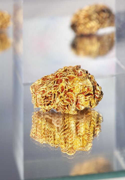 Ein Kunstwerk, ein goldenes Klumpenförmiges Objekt mit rötlichen Stellen, liegt auf einem spiegelnden Untergrund.