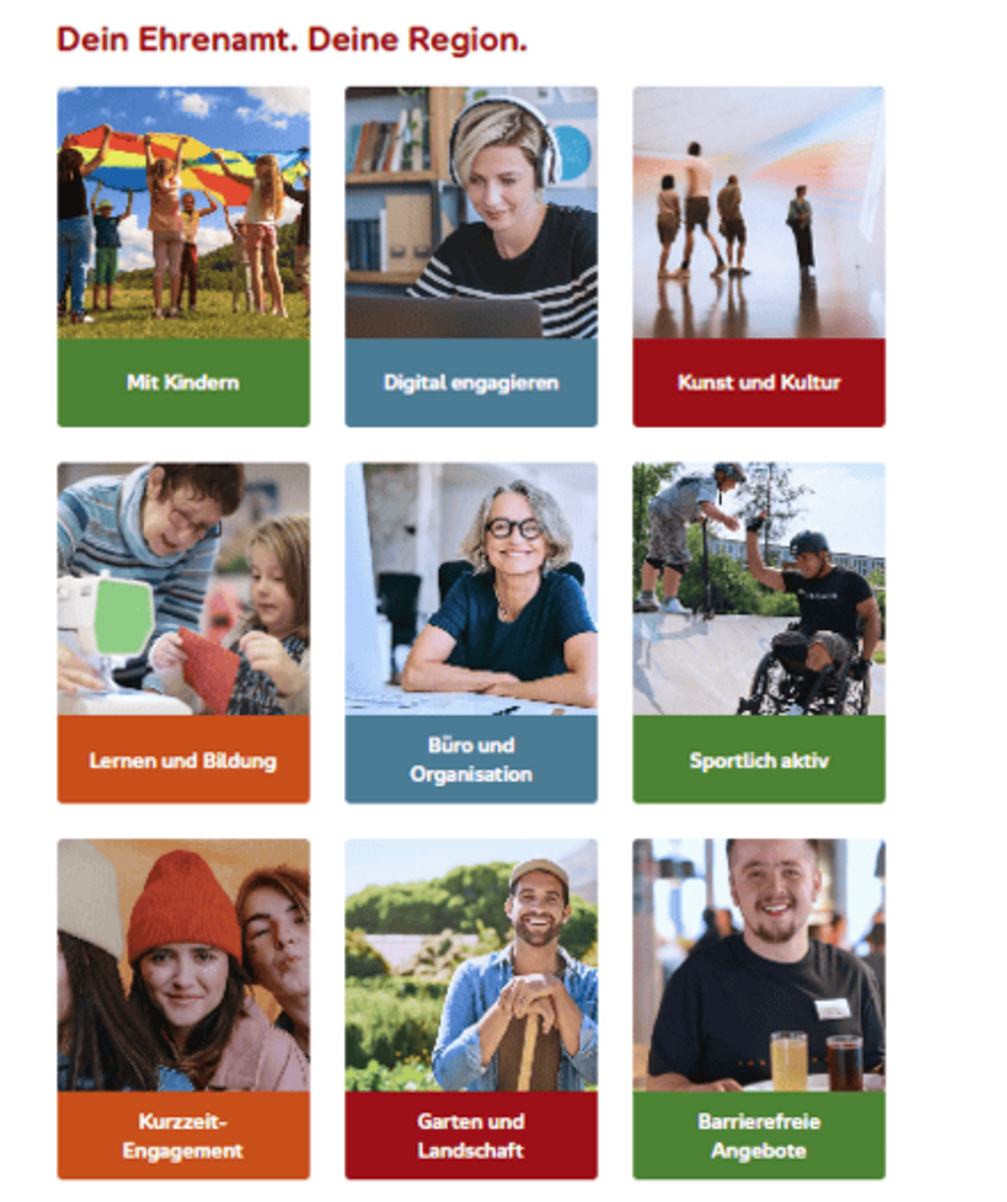 Übersicht der Themenbereiche auf der Ehrenamtsplattform. Gezeigt werden Kacheln für Engagement mit Kindern, digitales Engagement, Kunst und Kultur, Lernen und Bildung, Büro und Organisation, sportliche Aktivitäten, Kurzzeit-Engagement, Garten und Landschaft sowie barrierefreie Angebote.