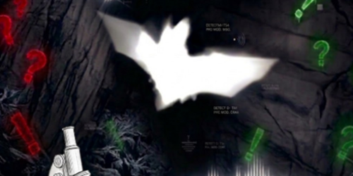 Unten links steht ein Mikroskop, in der Mitte ist der helle Schemen einer Fledermaus abgebildet. Im Hintergrund ist eine Höhle, in der Ausrufezeichen und Fragezeichen fliegen.