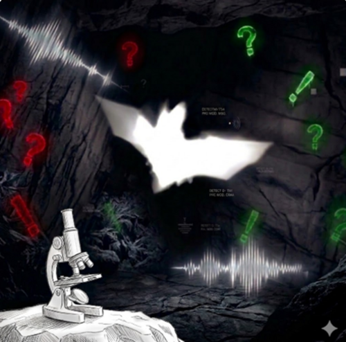 Unten links steht ein Mikroskop, in der Mitte ist der helle Schemen einer Fledermaus abgebildet. Im Hintergrund ist eine Höhle, in der Ausrufezeichen und Fragezeichen fliegen.