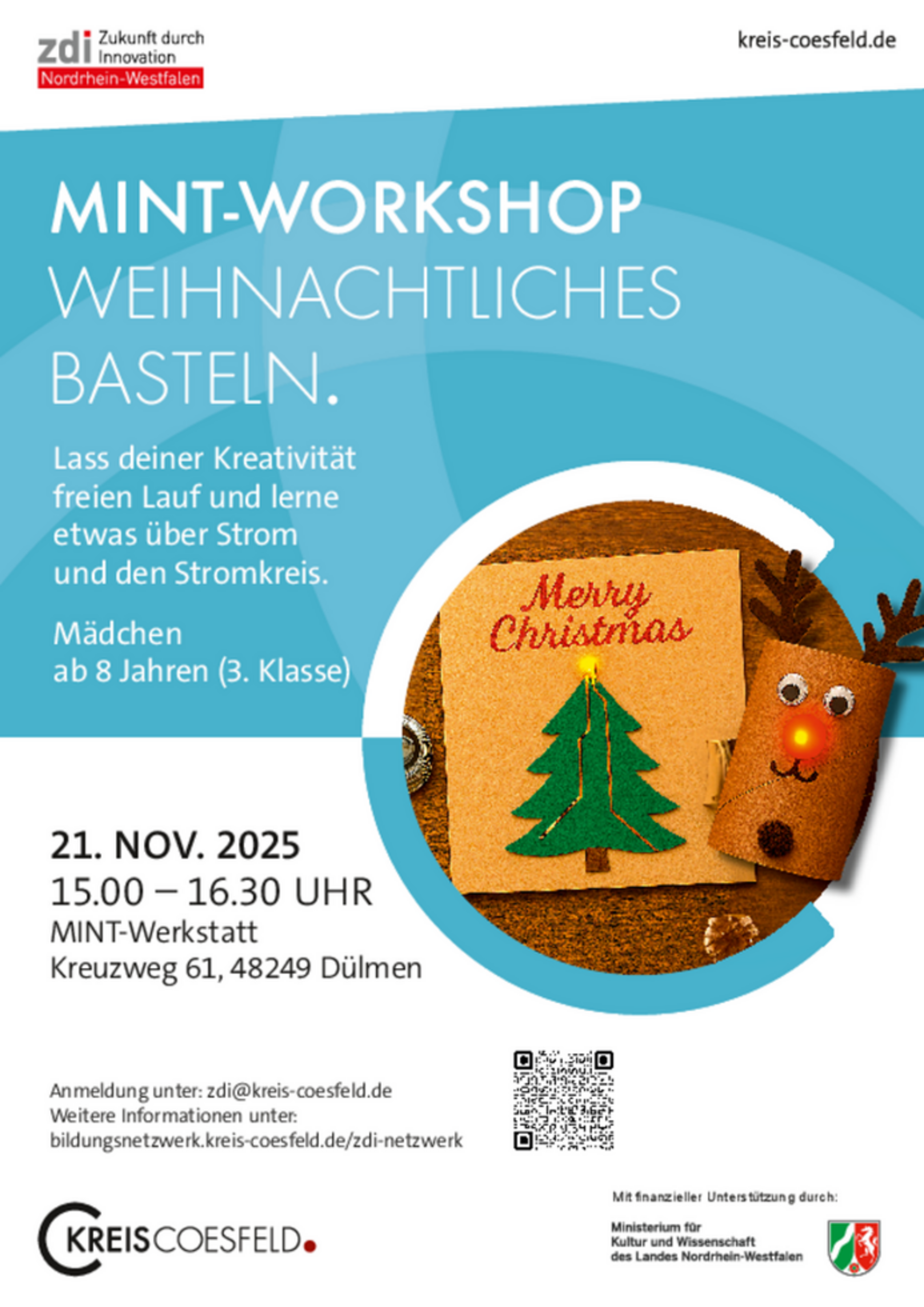 Plakat zum MINT-Workshop "Kreativität trifft Technik" mit den Details der Veranstaltung. 