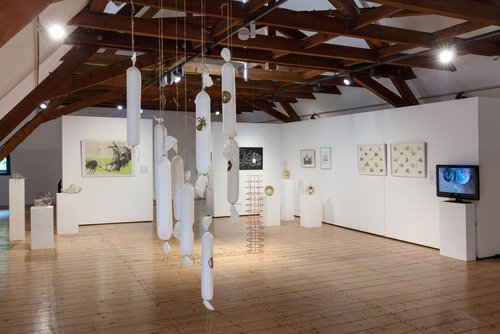 Blick in einen Ausstellungsraum mit Holzboden und Fachwerkgebälk. Im Vordergrund hängen Würsten von Balken, im Hintergrund sind mehrere Gemälde zu sehen.