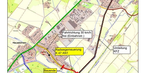 Landkarte von Hausdülmen mit den eingezeichneten Umleitungen.