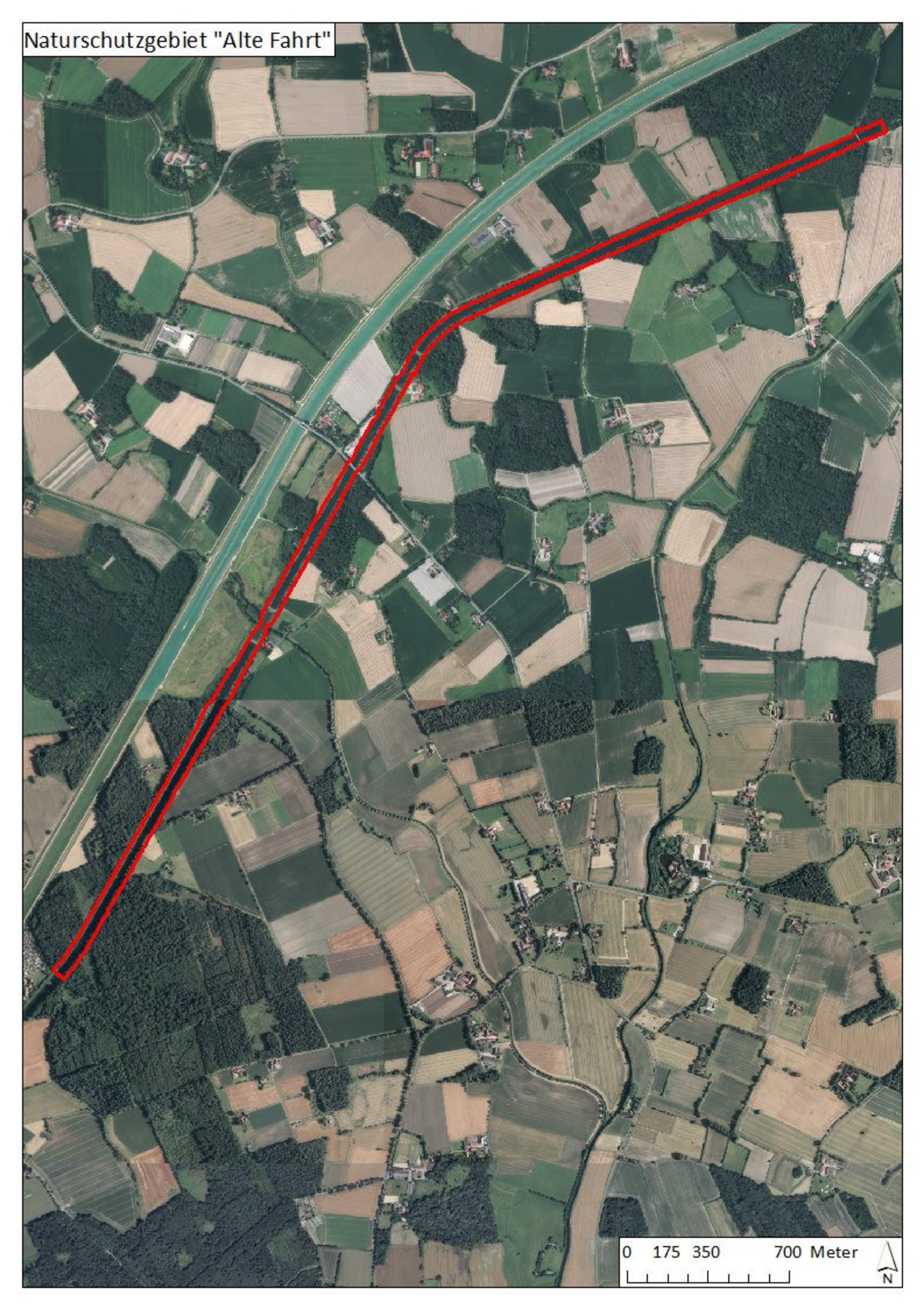 Eine Karte mit dem rot umrahmten Kanalarm "Alte Fahrt" des alten Dortmund-Ems-Kanal neben dem neuen Dortmund-Ems-Kanal in Höhe des Ortsteils Dülmen-Hiddingsel