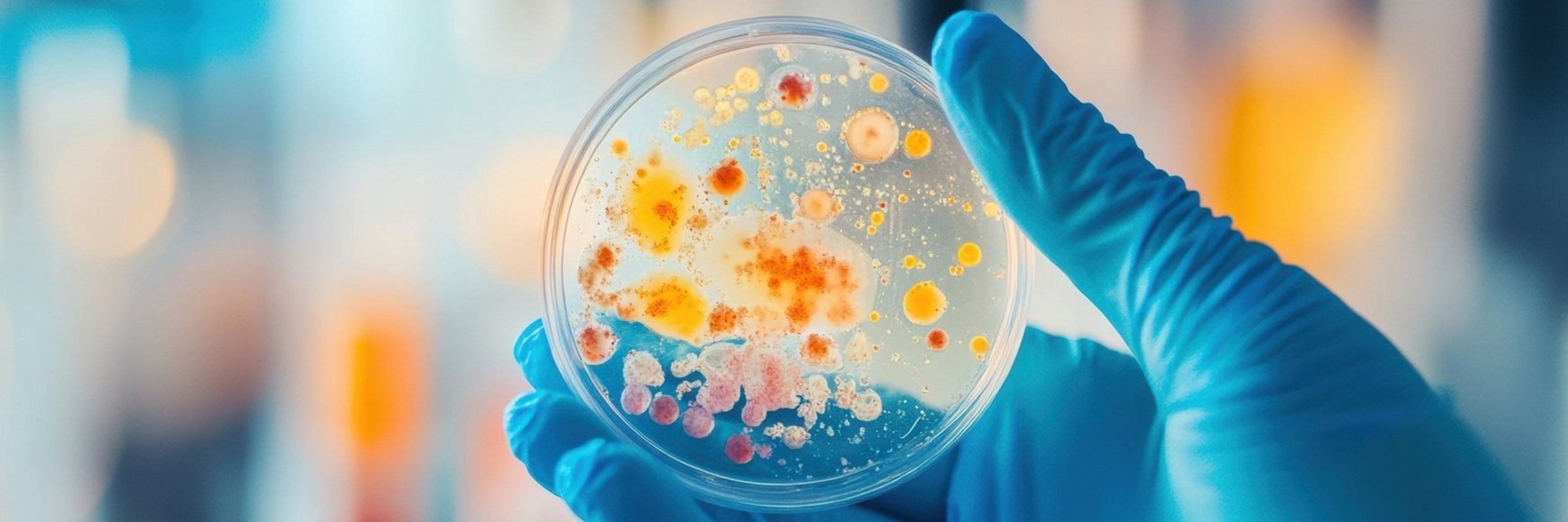 A lab technician in gloves examines a petri dish containing vibrant bacterial cultures, showcasing microbial growth and research. Generative AI