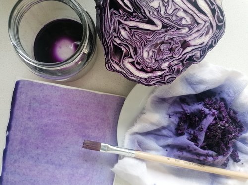 Auf einem Tisch liegt ein angeschnittener Rotkohl. Daneben steht ein Glas mit lila Farbe, einer kleinen Leinwand mit Pinsel sowie einem Teller, auf dem ein Tuch, in dem frisch geschnittener Rotkohl liegt. 