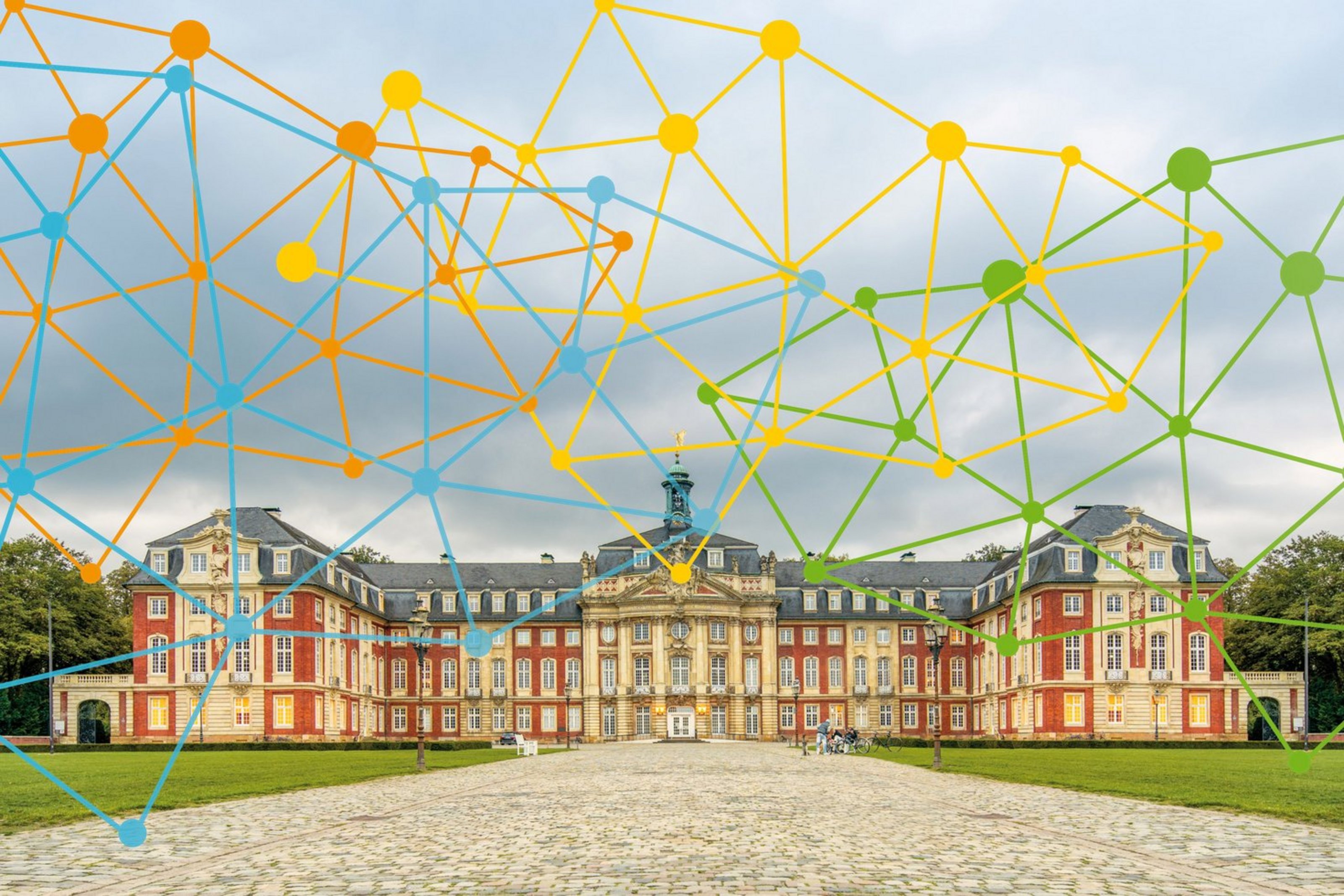 Schloss Münster vor bewölktem Himmel, überlagert von einem farbigen Netzwerk aus verbundenen Punkten und Linien.