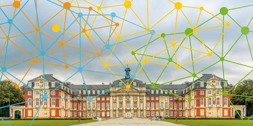 Schloss Münster vor bewölktem Himmel, überlagert von einem farbigen Netzwerk aus verbundenen Punkten und Linien.