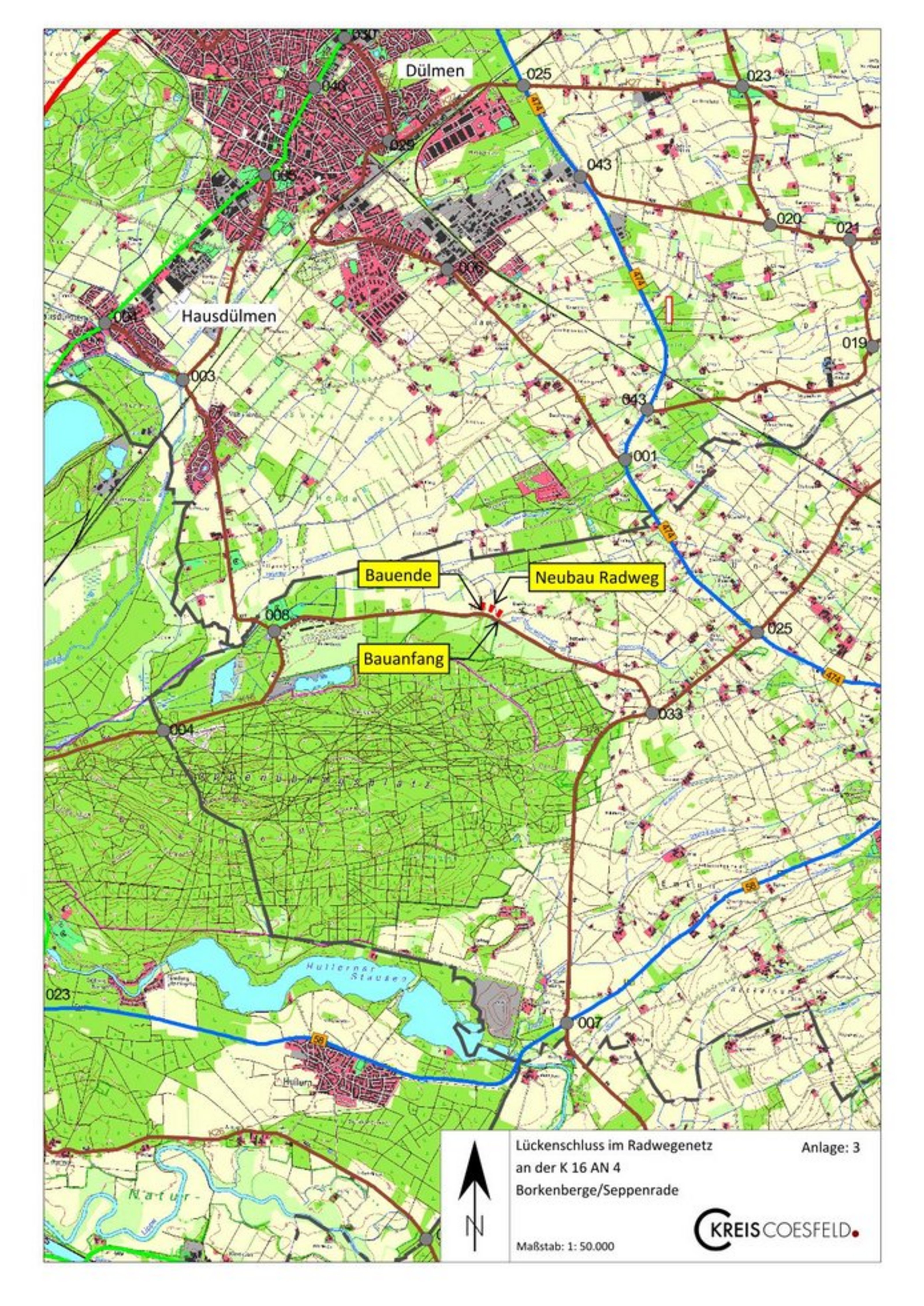 Übersichtskarte zu den Bauarbeiten für den neuen Radweg an der K16  im Kreis Coesfeld