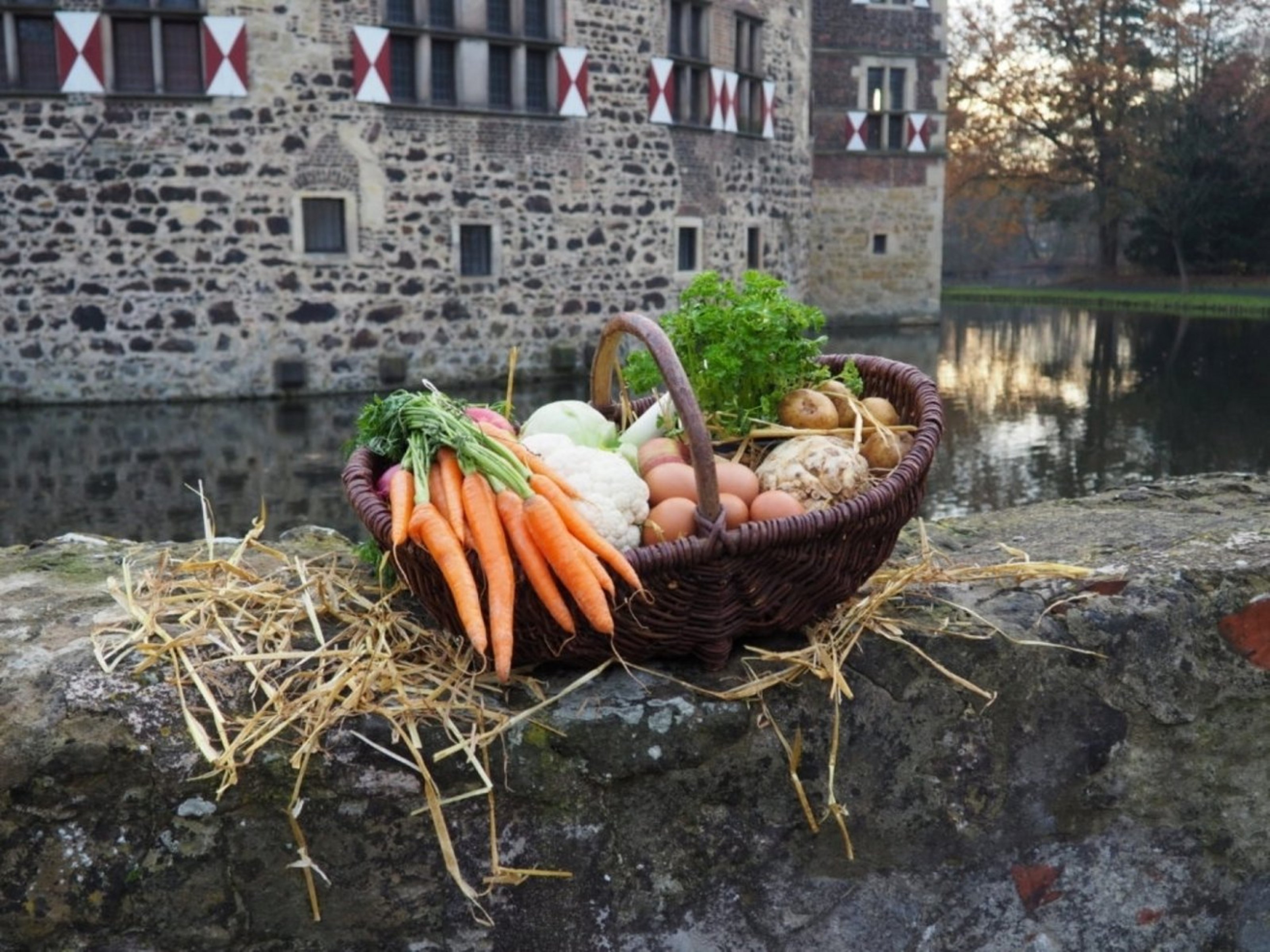 Regionale Köstlichkeiten auf Burg Vischering (Archivbild: Kreis Coesfeld, Julia Kleine-Bley) Auf einer Steinmauer steht ein Korb mit Gemüse. Der Korb steht auf Stroh. Im Hintergrund ist ein Wassergraben und ein Gemäuer zu sehen.