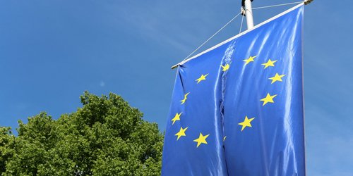 Eine Europa-Flagge hängt an einem weißen Masten vor blauem Himmel. Links sieht man eine Baumkrone.