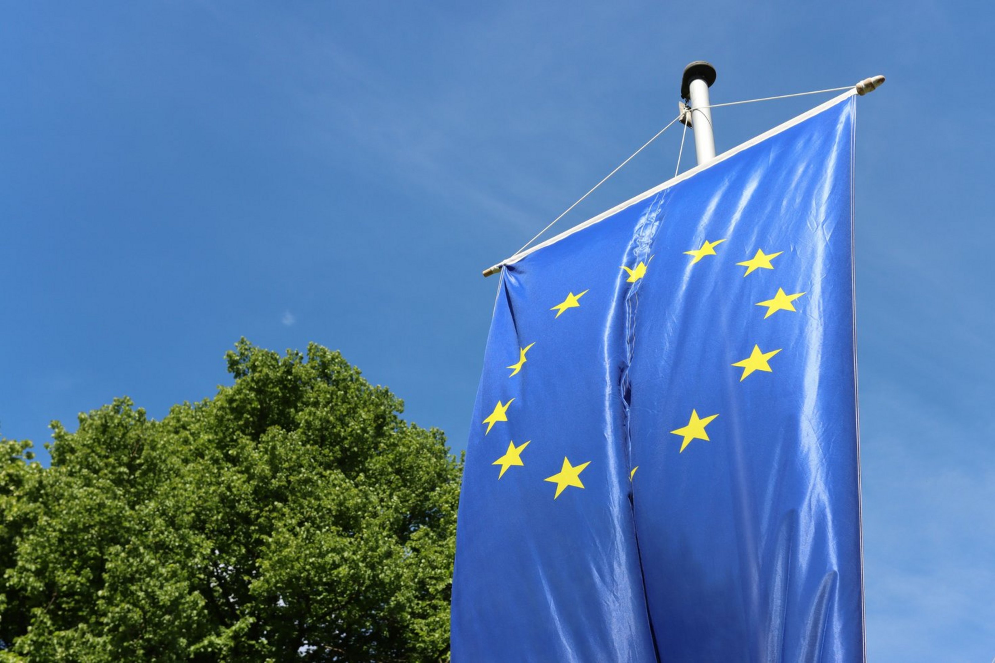 Noch bis zum 15. November 2025 können Schülerinnen und Schüler aus NRW am landesweiten Wettbewerb „EuroVisions 2025“ teilnehmen. (Foto: Kreis Coesfeld) Eine Europa-Flagge hängt an einem weißen Masten vor blauem Himmel. Links sieht man eine Baumkrone.