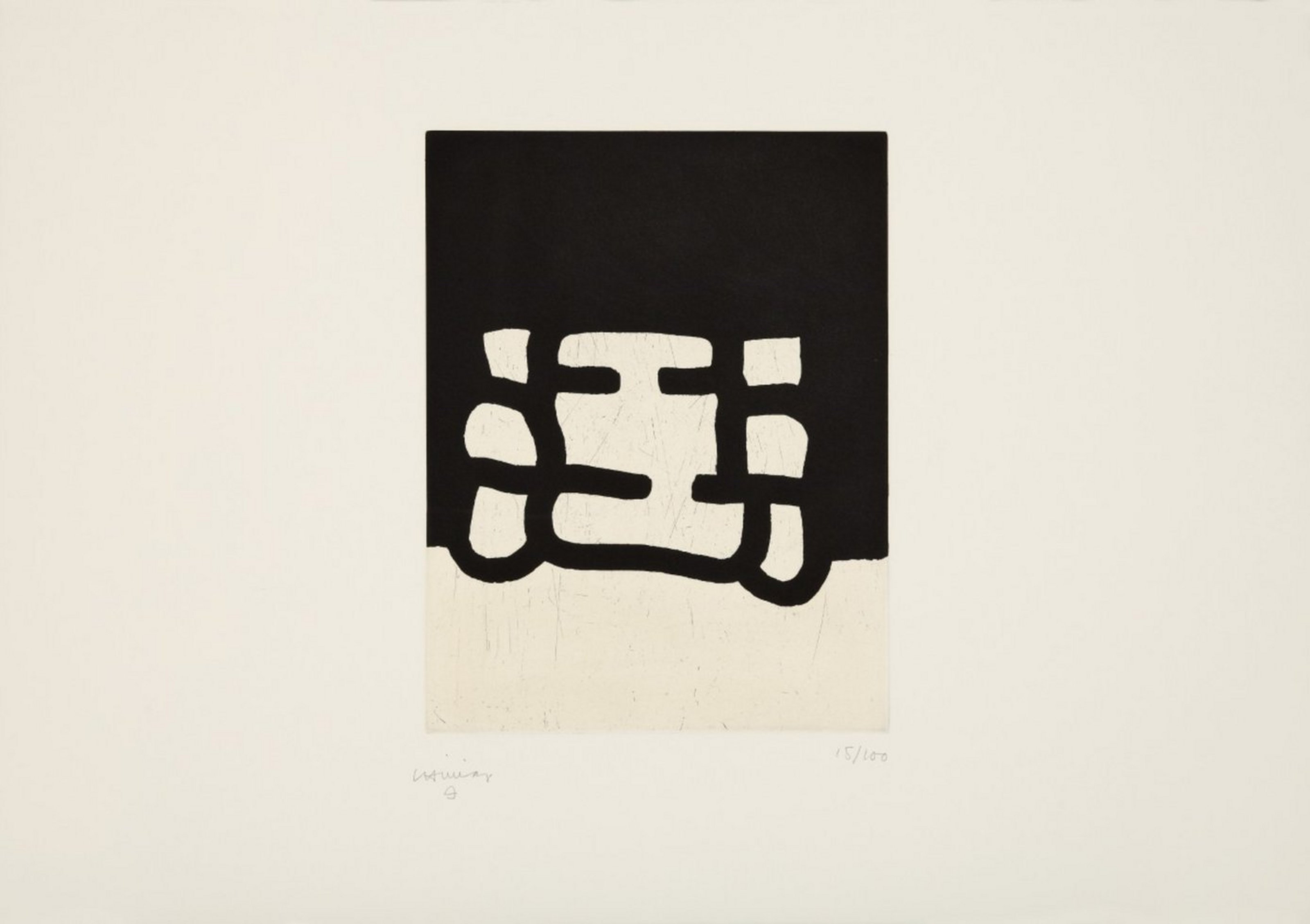 Eine Radierung in schwarz und weiß, die in der Mitte ein Gitter, unten weiß und oben schwarz zeigt.