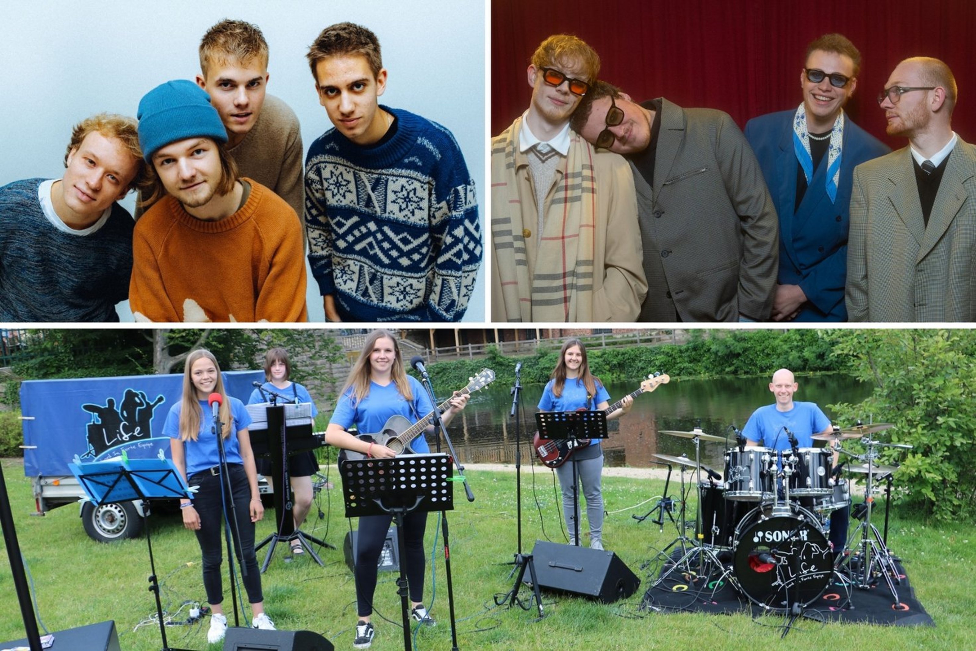 Kollage mit drei Fotos von drei Bands, die aus vier beziehungsweise fünf jungen Menschen besteht.