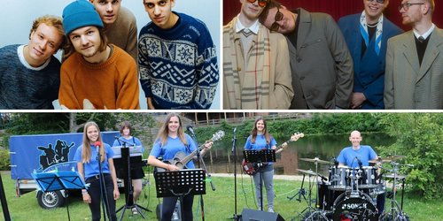 Kollage mit drei Fotos von drei Bands, die aus vier beziehungsweise fünf jungen Menschen besteht.
