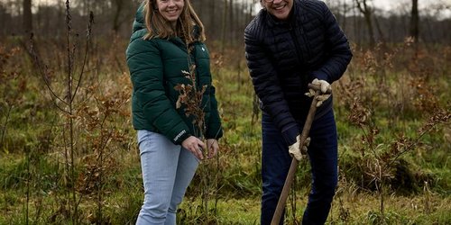 Ein Mann und eine Frau stehen auf einer Wiese. Die Frau hält einen kleinen Baum in der Hand, der Mann hält einen Spaten.