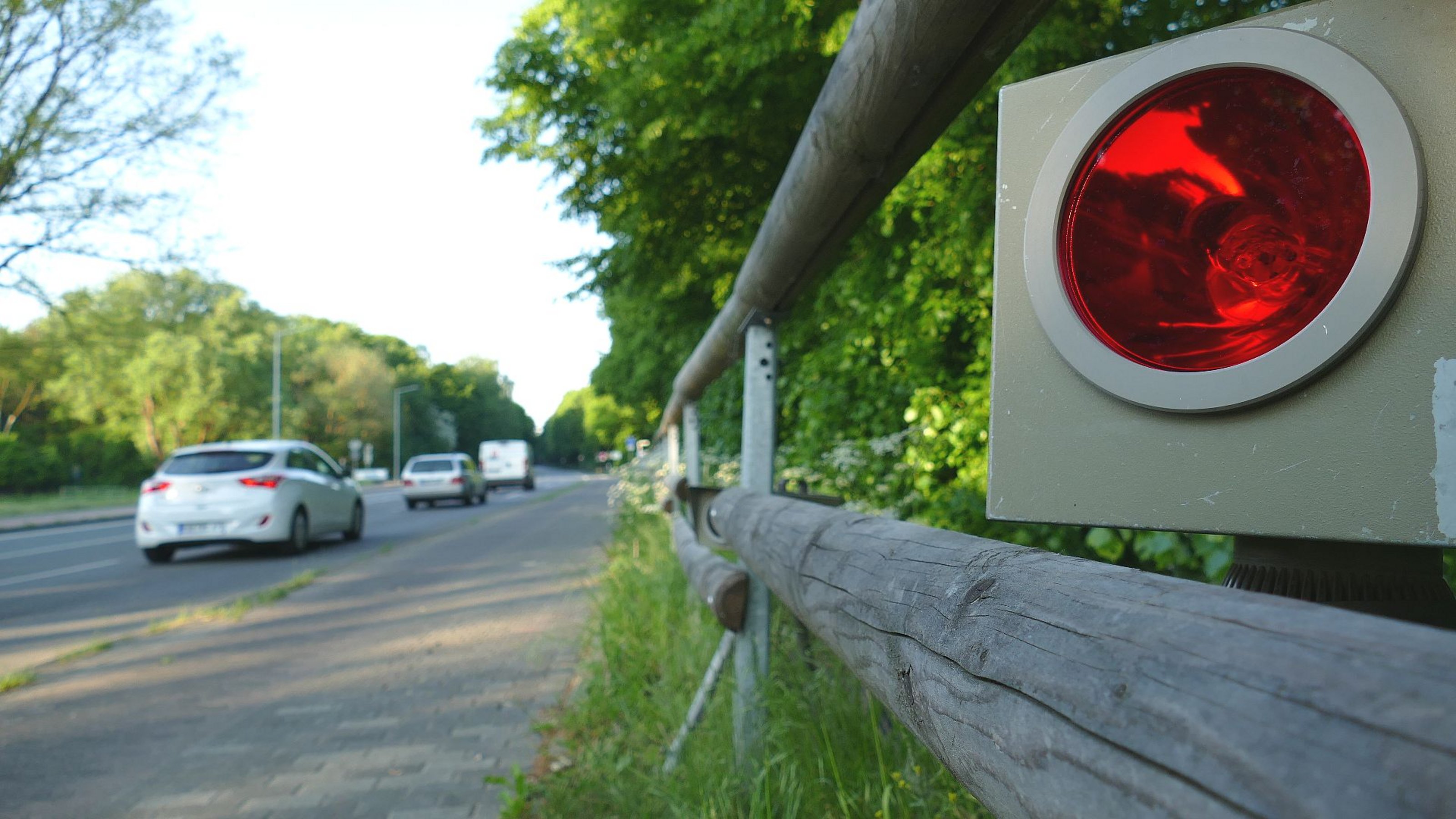 Ein Tempomessgerät steht am Rande der Straße und misst die Geschwindigkeit der vorbeifahrenden Autos.