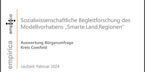 Deckblatt einer Präsentation mit dem Titel 'Sozialwissenschaftliche Begleitforschung des Modellvorhabens „Smarte.Land.Regionen“', dem Logo 'empirica' und weiteren Angaben zur Auswertung einer Bürgerumfrage im Kreis Coesfeld.