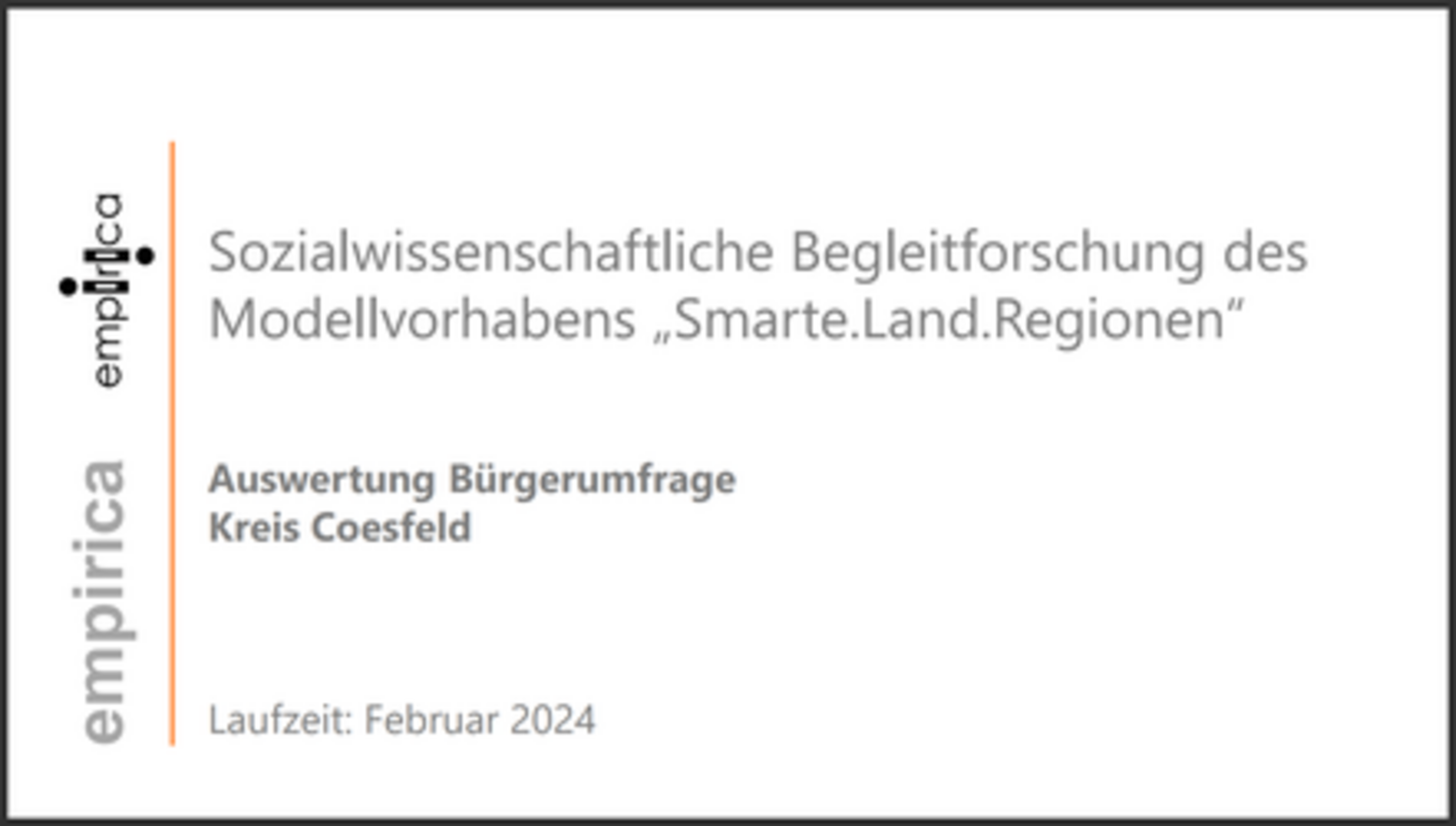 Deckblatt einer Präsentation mit dem Titel 'Sozialwissenschaftliche Begleitforschung des Modellvorhabens „Smarte.Land.Regionen“', dem Logo 'empirica' und weiteren Angaben zur Auswertung einer Bürgerumfrage im Kreis Coesfeld.