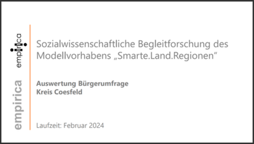 Deckblatt einer Präsentation mit dem Titel 'Sozialwissenschaftliche Begleitforschung des Modellvorhabens „Smarte.Land.Regionen“', dem Logo 'empirica' und weiteren Angaben zur Auswertung einer Bürgerumfrage im Kreis Coesfeld.