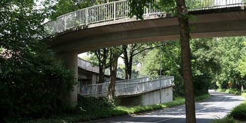 Man sieht eine Brücke von unten. Sie steht zwischen einigen Bäumen und führt über eine kleine Straße.