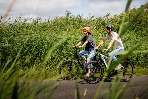 Zwei Personen fahren mit Fahrrädern auf einem Radweg durch eine grüne Landschaft im Münsterland.