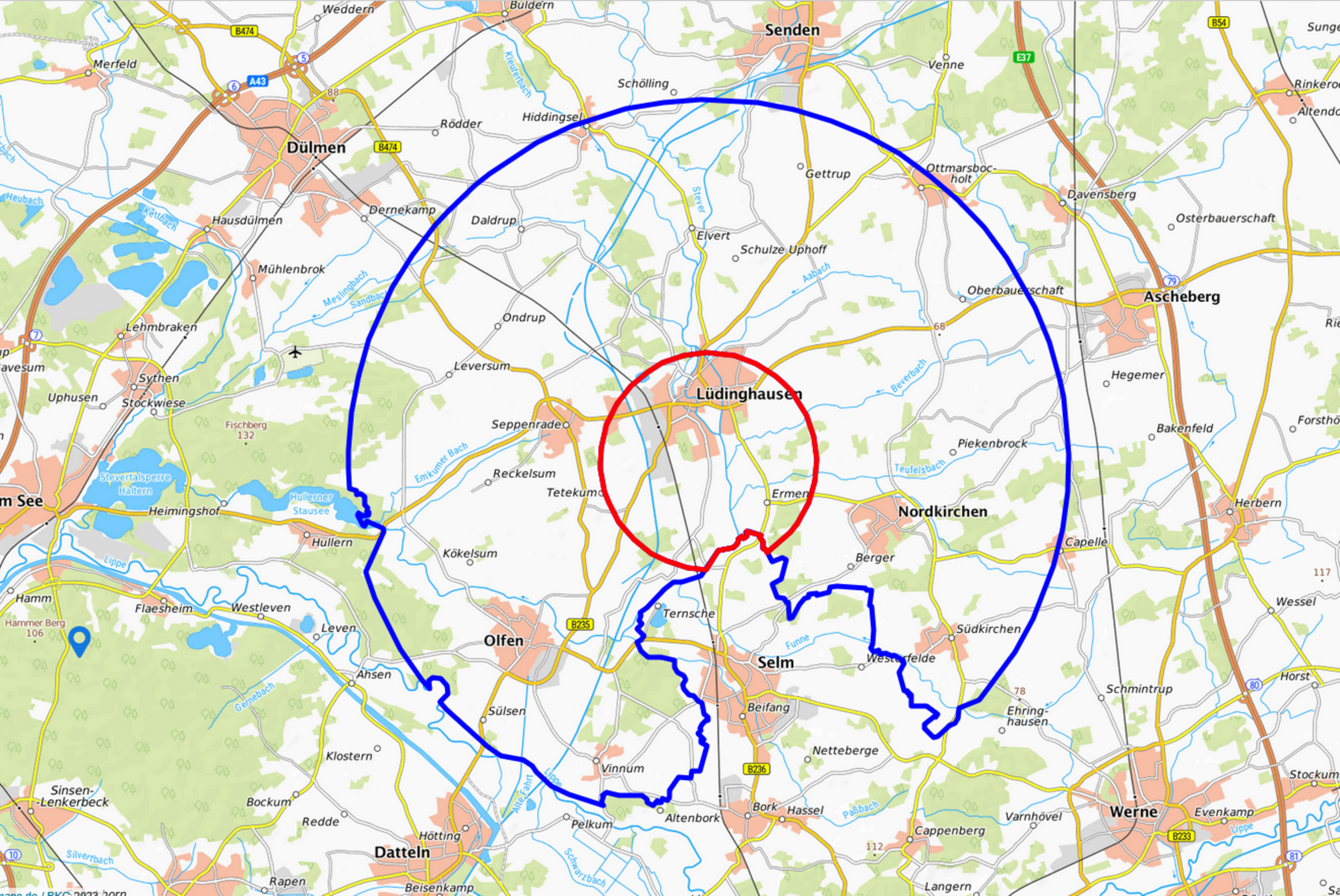 Ein Kartenausschnitt der ausgewiesenen Restriktionszonen im Kreis Coesfeld.