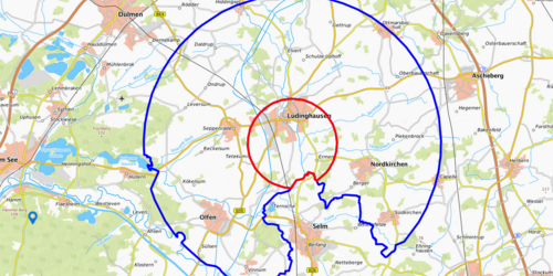 Ein Kartenausschnitt der ausgewiesenen Restriktionszonen im Kreis Coesfeld.