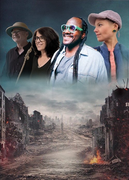 Vier Personen vor einer fantasievollen Collage aus zerstörter Stadtlandschaft, Ankündigung für Workshop auf Burg Vischering.