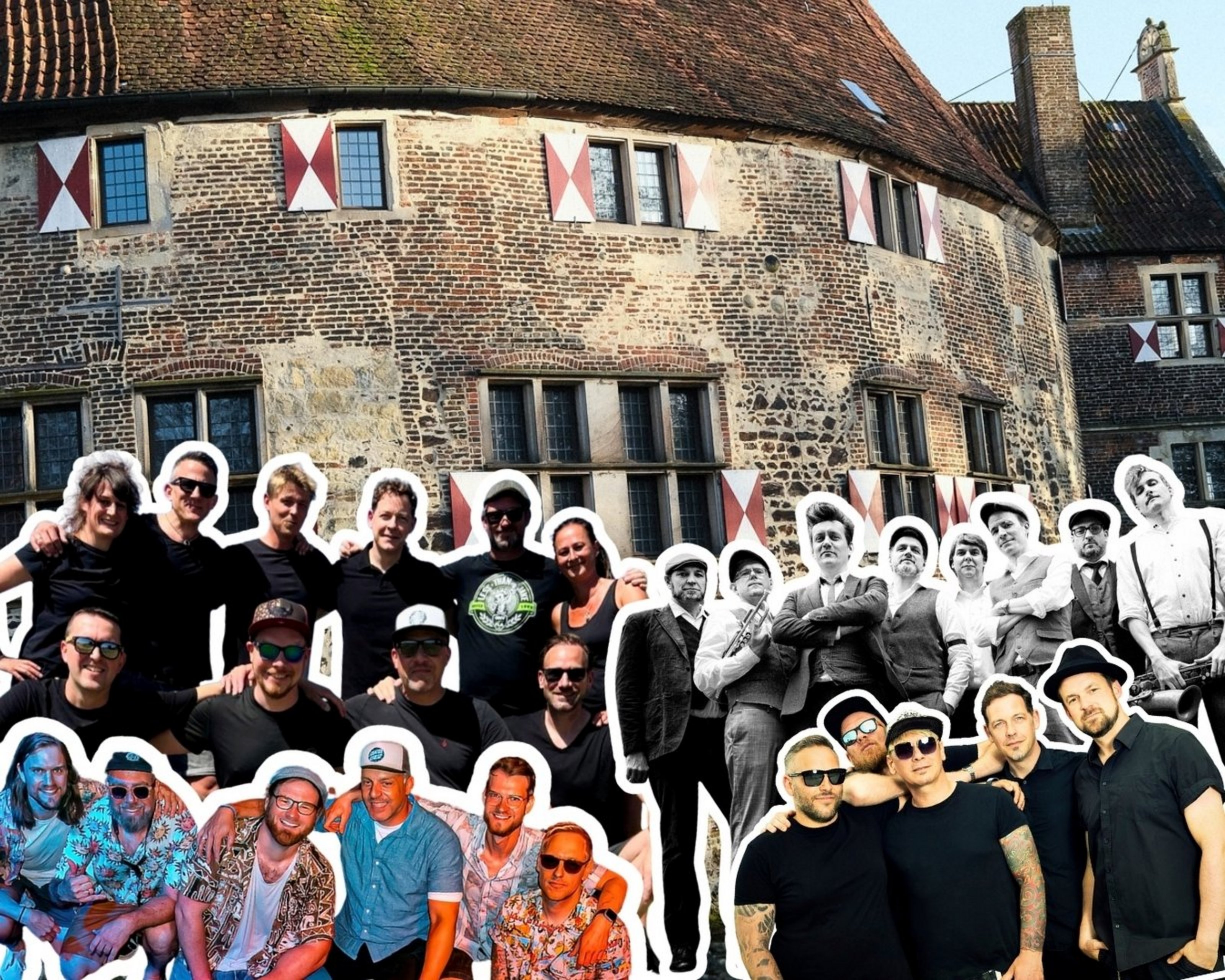 Eine Fotocollage zeigt im Hintergrund ein altes Steingebäude. Davor sind, ausgeschnitten, vier Männer-Gruppen zu sehen.