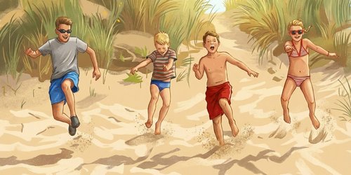 Vier Kinder laufen eine Düne hinunter.