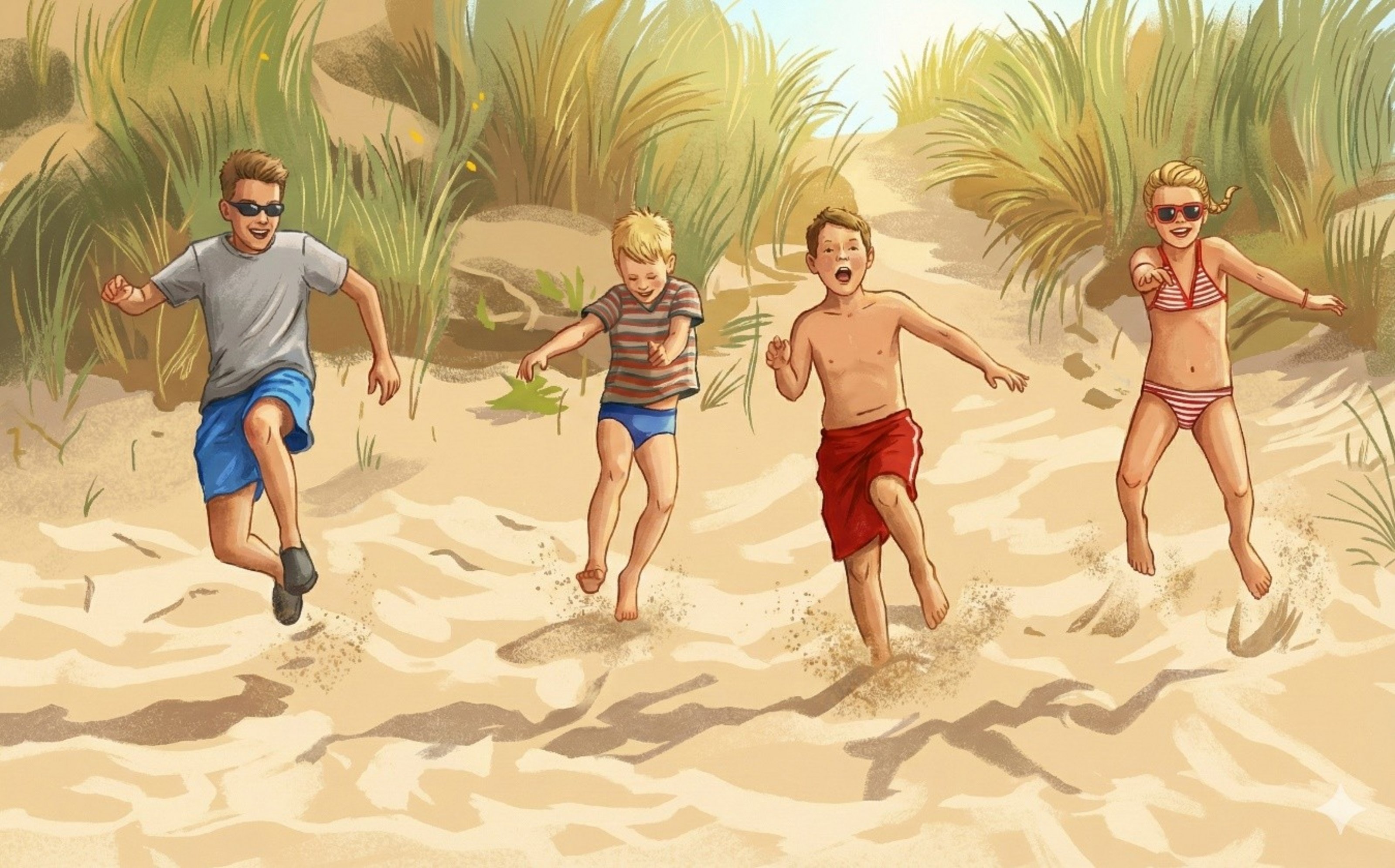 Vier Kinder laufen eine Düne hinunter.