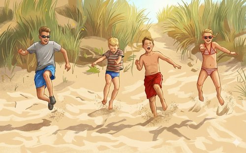 Vier Kinder laufen eine Düne hinunter.