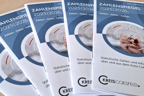 Fünf Flyer in blau-weißem Design liegen nebeneinander aus. Sie tragen den Titel "Zahlenspiegel".