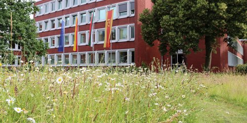 Vor einem dreistöckigem, roten Gebäude sind die Fahnen Europas, der Bundesrepublik Deutschland, Nordrhein-WEstfalens und des Kreises Coesfeld gehisst. Im Vordergrund befindet sich eine Blumenwiese.