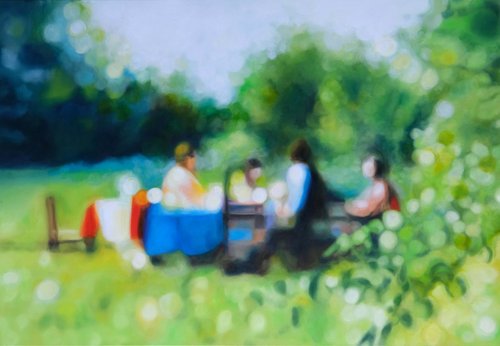Ein Gemälde zeigt mehrere Personen bei einem Picknick in grüner Natur.
