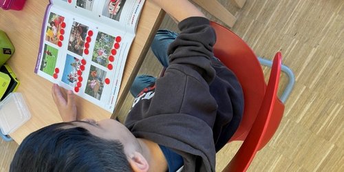 Ein Junge sitzt auf einem Stuhl an einem Tisch und schaut sich ein Buch an, das aufgeschlagen auf dem Tisch liegt.