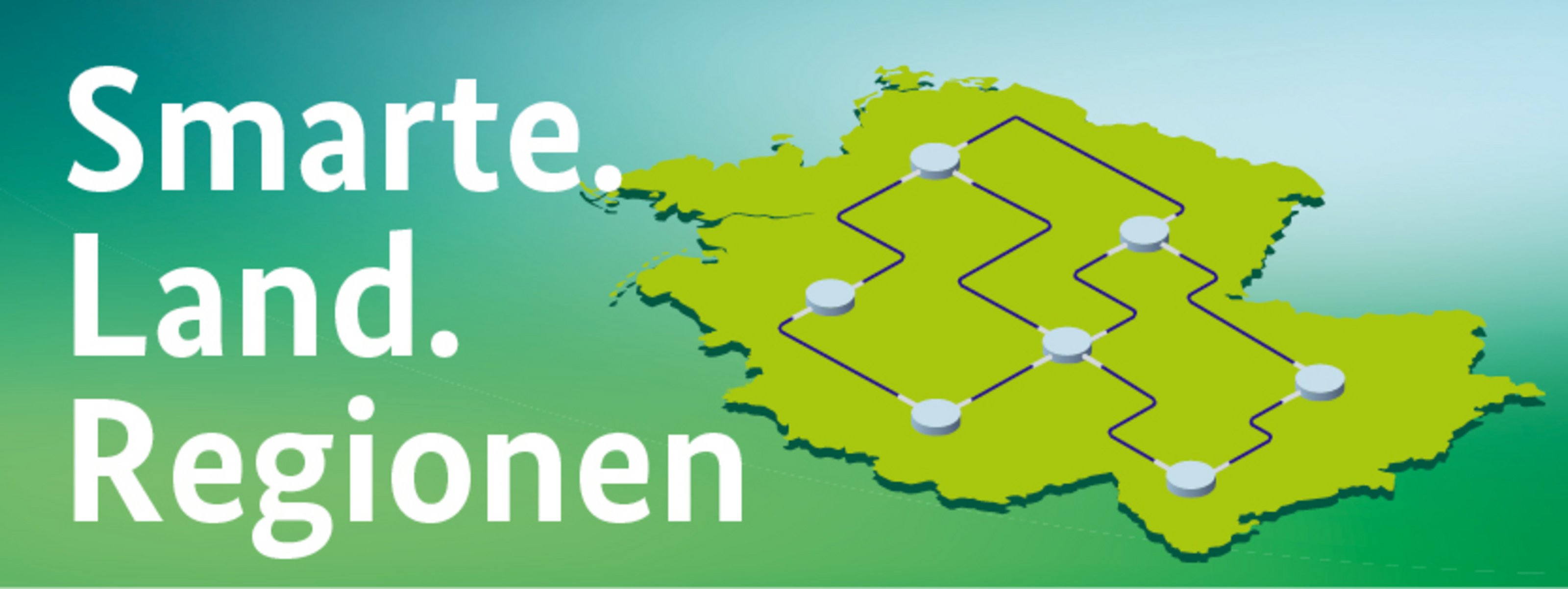 Grafik mit der Aufschrift ‚Smarte.Land.Regionen‘ und einer stilisierten grünen Karte, auf der mehrere Punkte durch Linien vernetzt dargestellt sind.