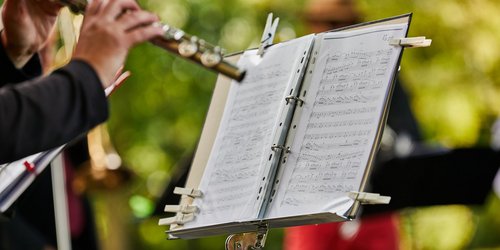 Musiker spielt im Freien nach Noten an einem Pult – Szene aus einem Konzert in Garten- oder Parkumgebung.
