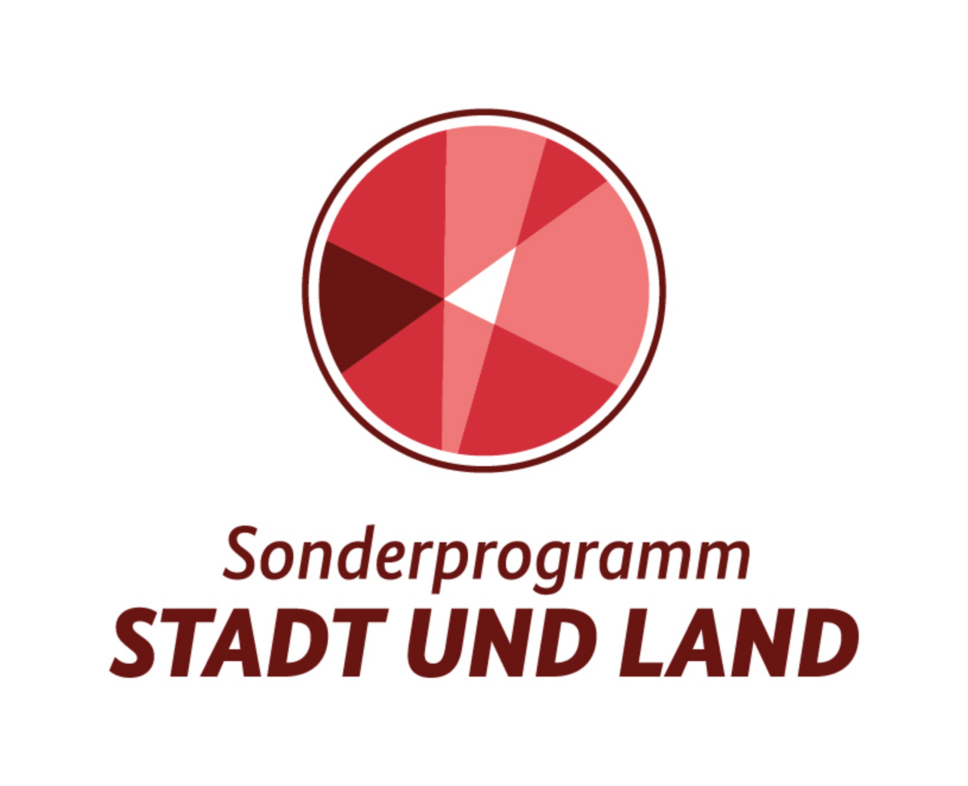 Logo des Förderprogramms „Stadt und Land“ mit rotem Kreis und stilisiertem Muster, darunter der Schriftzug „Sonderprogramm STADT UND LAND“.