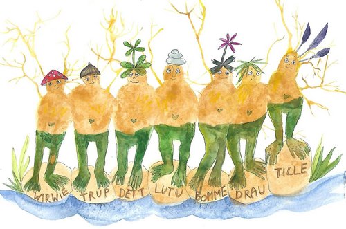 Illustration der „Teitekerle“: Sieben fantasievolle Figuren mit grünen Beinen und unterschiedlichen Kopfbedeckungen.