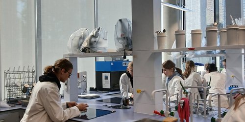 Sieben Jugendliche in weißen Kitteln stehen in einem Labor.