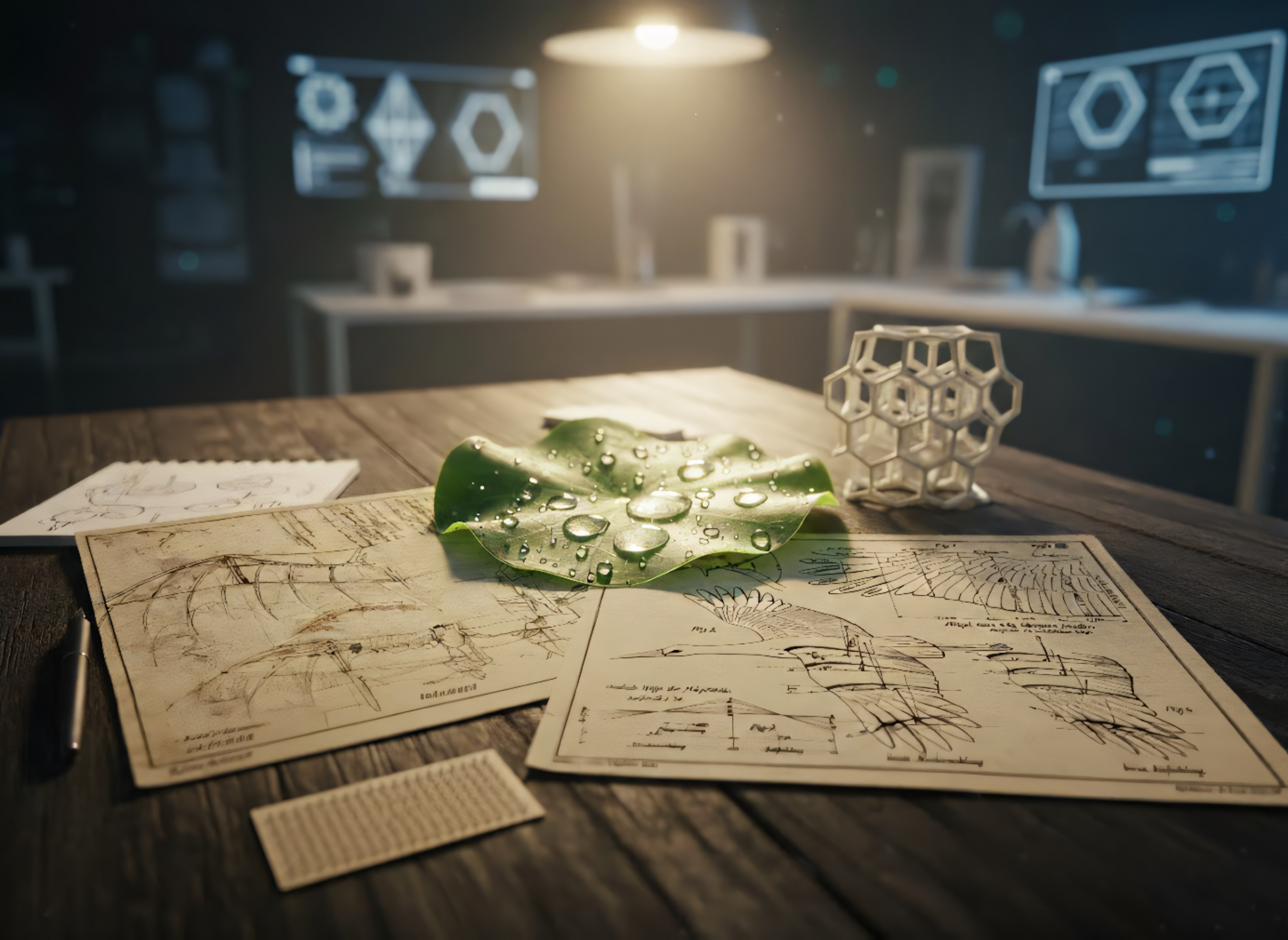 Auf einem Holztisch liegen bionische Zeichnungen und ein großes Blatt mit Wassertropfen, daneben ein technisches 3D-Modell – Symbol für Inspiration aus der Natur