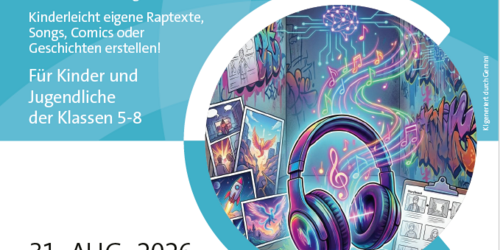 Ein Plakat in weiß und blau informiert über die "KI*-Kreativwerkstatt".