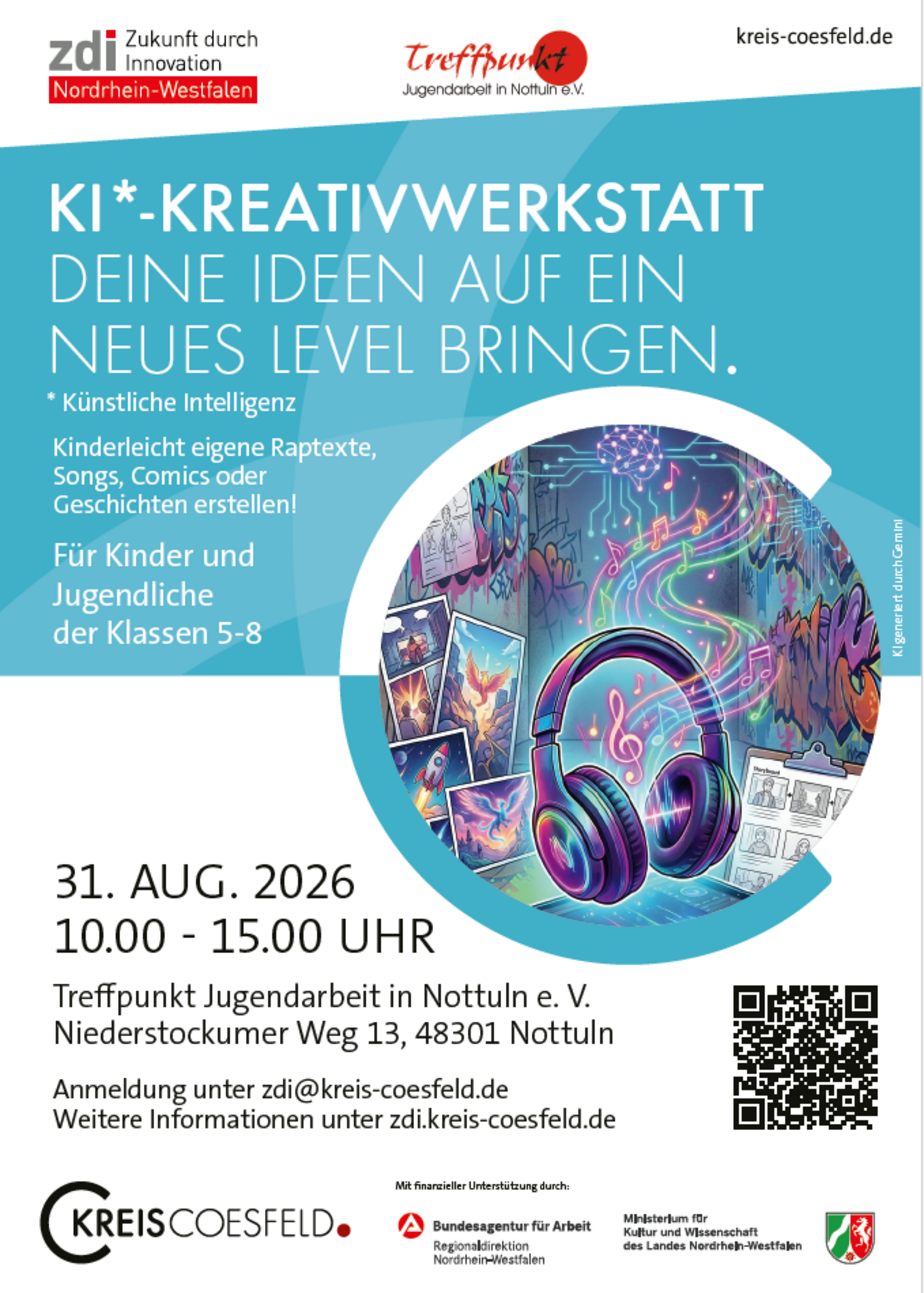 Ein Plakat in weiß und blau informiert über die "KI*-Kreativwerkstatt".